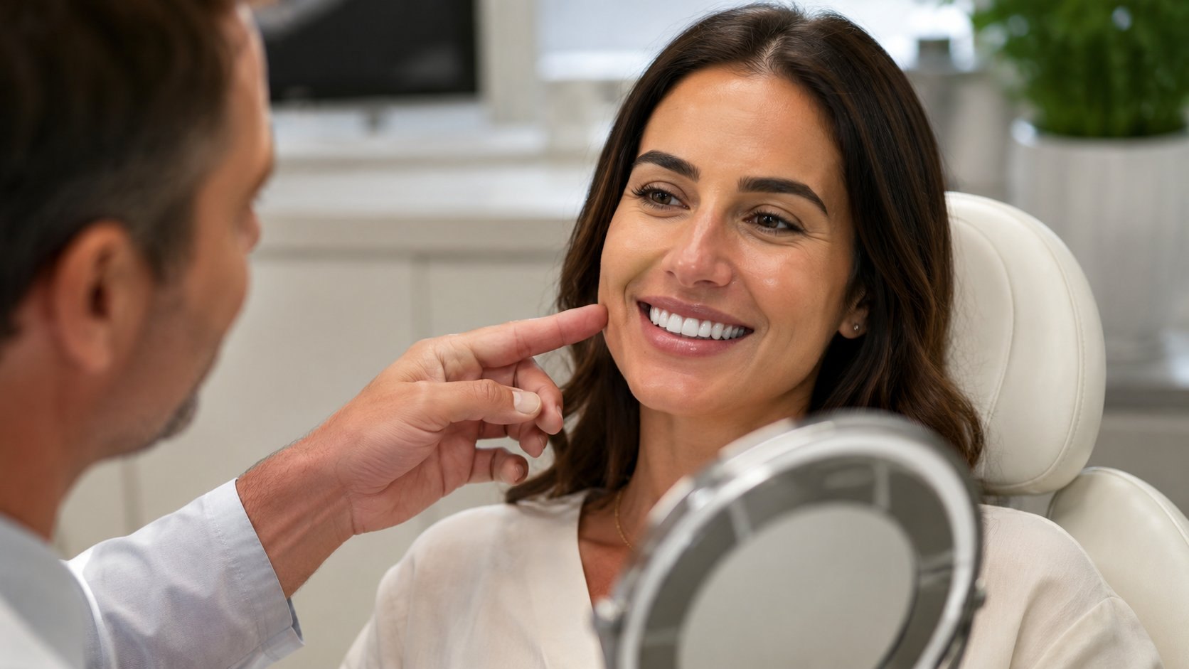 Dentist assessing a smiling patient’s teeth during a cosmetic evaluation